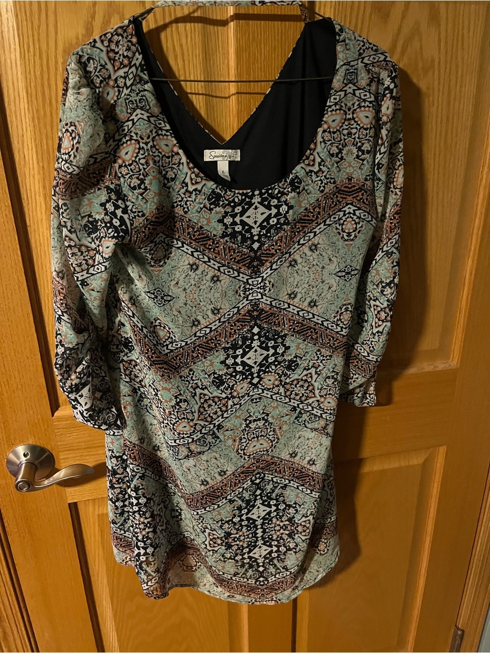 Speechless Mint, Black and Brown Patterned Long Sleeve Dress